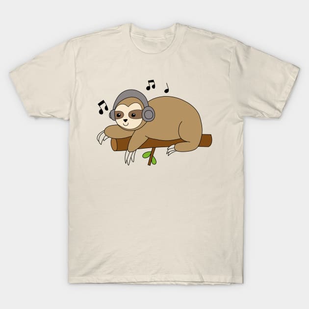 Sloth with Headphones T-Shirt by pako-valor